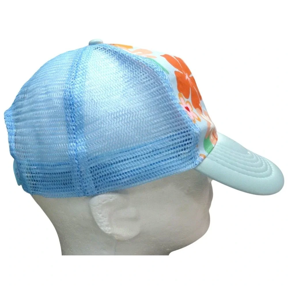 Hello Kitty Floral Mesh Trucker Hat Adjustable Snapback Light Blue & Orange